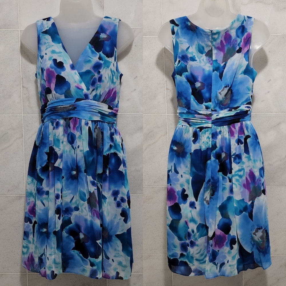 Sandra Darren Blue Chiffon Floral Dress Sleeveless 6
